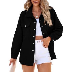 imagePRETTYGARDEN Womens Oversized Shacket Jackets Spring Fall Fashion Clothes Casual Long Sleeve Loose Collared Blouse ShirtsBlack