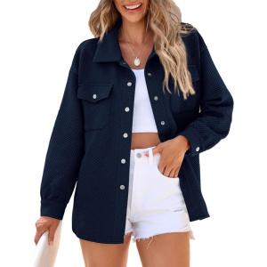 imagePRETTYGARDEN Womens Oversized Shacket Jackets Spring Fall Fashion Clothes Casual Long Sleeve Loose Collared Blouse ShirtsDark Blue