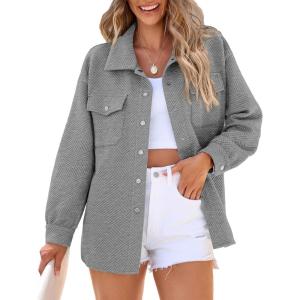 imagePRETTYGARDEN Womens Oversized Shacket Jackets Spring Fall Fashion Clothes Casual Long Sleeve Loose Collared Blouse ShirtsGrey