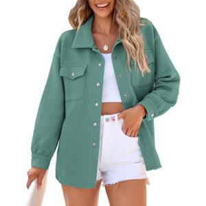 imagePRETTYGARDEN Womens Oversized Shacket Jackets Spring Fall Fashion Clothes Casual Long Sleeve Loose Collared Blouse ShirtsGrey Green