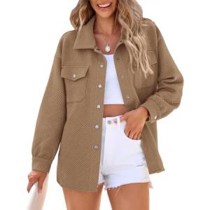 imagePRETTYGARDEN Womens Oversized Shacket Jackets Spring Fall Fashion Clothes Casual Long Sleeve Loose Collared Blouse ShirtsKhaki