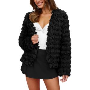 imagePRETTYGARDEN Womens Winter Coats Fashion Faux Fur Long Sleeve Fleece Shaggy Lightweight Fall Cropped Jacket OuterwearBlack
