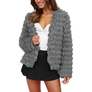 imagePRETTYGARDEN Womens Winter Coats Fashion Faux Fur Long Sleeve Fleece Shaggy Lightweight Fall Cropped Jacket OuterwearDark Grey