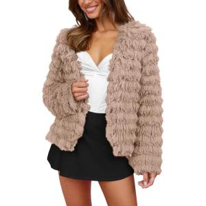 imagePRETTYGARDEN Womens Winter Coats Fashion Faux Fur Long Sleeve Fleece Shaggy Lightweight Fall Cropped Jacket OuterwearDark Khaki