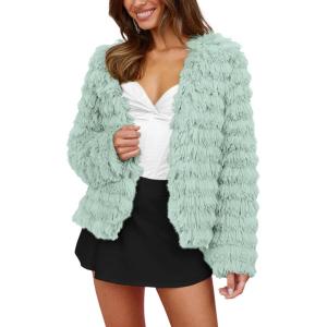 imagePRETTYGARDEN Womens Winter Coats Fashion Faux Fur Long Sleeve Fleece Shaggy Lightweight Fall Cropped Jacket OuterwearFruit Green