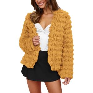 imagePRETTYGARDEN Womens Winter Coats Fashion Faux Fur Long Sleeve Fleece Shaggy Lightweight Fall Cropped Jacket OuterwearYellow