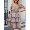 imagePRETTYGARDEN Womens 2025 Floral Summer Short Dress Square Neck Short Sleeve Tiered Ruffle Boho Swing DressesArmy Green Floral