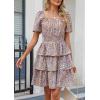 imagePRETTYGARDEN Womens 2025 Floral Summer Short Dress Square Neck Short Sleeve Tiered Ruffle Boho Swing DressesArmy Green Floral
