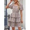 imagePRETTYGARDEN Womens 2025 Floral Summer Short Dress Square Neck Short Sleeve Tiered Ruffle Boho Swing DressesArmy Green Floral