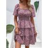 imagePRETTYGARDEN Womens 2025 Floral Summer Short Dress Square Neck Short Sleeve Tiered Ruffle Boho Swing DressesBlack Pink Floral