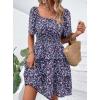 imagePRETTYGARDEN Womens 2025 Floral Summer Short Dress Square Neck Short Sleeve Tiered Ruffle Boho Swing DressesBlue Purple Floral