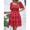 imagePRETTYGARDEN Womens 2025 Floral Summer Short Dress Square Neck Short Sleeve Tiered Ruffle Boho Swing DressesOrange Purple Floral