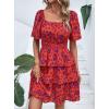 imagePRETTYGARDEN Womens 2025 Floral Summer Short Dress Square Neck Short Sleeve Tiered Ruffle Boho Swing DressesOrange Purple Floral