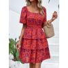 imagePRETTYGARDEN Womens 2025 Floral Summer Short Dress Square Neck Short Sleeve Tiered Ruffle Boho Swing DressesOrange Purple Floral