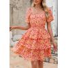 imagePRETTYGARDEN Womens 2025 Floral Summer Short Dress Square Neck Short Sleeve Tiered Ruffle Boho Swing DressesRose Red Floral