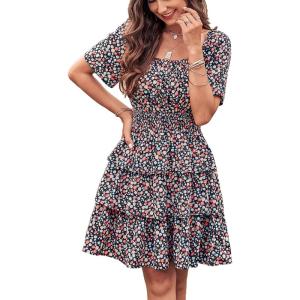 imagePRETTYGARDEN Womens 2025 Floral Summer Short Dress Square Neck Short Sleeve Tiered Ruffle Boho Swing DressesFloral Black Red
