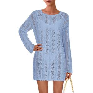 imagePRETTYGARDEN Womens Swimsuit Cover Up 2025 Summer Bathing Suit Swimwear Crochet Knit Dress Fashion Beach Vacation ClothesBlue