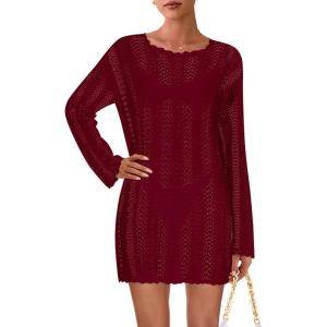 imagePRETTYGARDEN Womens Swimsuit Cover Up 2025 Summer Bathing Suit Swimwear Crochet Knit Dress Fashion Beach Vacation ClothesWine Red