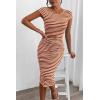 imagePRETTYGARDEN Womens Long Sleeve Midi Bodycon Dresses Casual Crewneck Cut Out Ribbed Knit Fitted Pencil DressStriped Brick Red