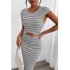 imagePRETTYGARDEN Womens Long Sleeve Midi Bodycon Dresses Casual Crewneck Cut Out Ribbed Knit Fitted Pencil DressStriped Grey
