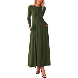 imagePRETTYGARDEN Casual Maxi Dress for Women 2025 Spring Fashion Long Sleeve Button Fit and Flare Long Flowy DressesArmy Green