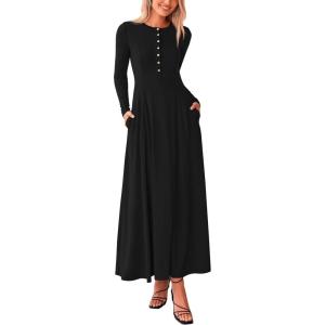 imagePRETTYGARDEN Casual Maxi Dress for Women 2025 Spring Fashion Long Sleeve Button Fit and Flare Long Flowy DressesBlack