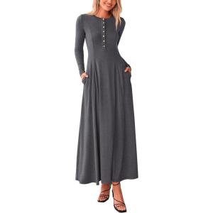 imagePRETTYGARDEN Casual Maxi Dress for Women 2025 Spring Fashion Long Sleeve Button Fit and Flare Long Flowy DressesDark Grey