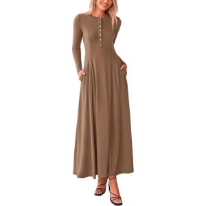 imagePRETTYGARDEN Casual Maxi Dress for Women 2025 Spring Fashion Long Sleeve Button Fit and Flare Long Flowy DressesDark Khaki