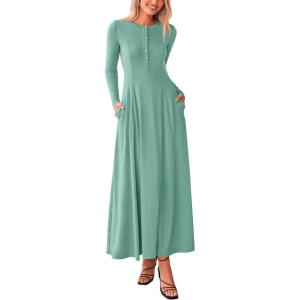 imagePRETTYGARDEN Casual Maxi Dress for Women 2025 Spring Fashion Long Sleeve Button Fit and Flare Long Flowy DressesFruit Green