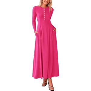 imagePRETTYGARDEN Casual Maxi Dress for Women 2025 Spring Fashion Long Sleeve Button Fit and Flare Long Flowy DressesRose Red