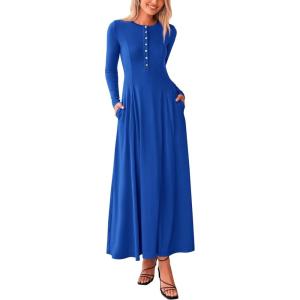 imagePRETTYGARDEN Casual Maxi Dress for Women 2025 Spring Fashion Long Sleeve Button Fit and Flare Long Flowy DressesRoyal Blue