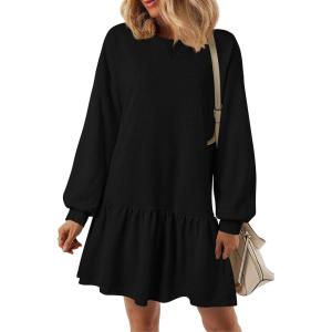 imagePRETTYGARDEN Womens Patchwork Sweatshirt Dress Spring Casual Long Sleeve Crewneck Pullover Cute Babydoll Mini DressesBlack