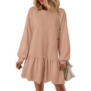 imagePRETTYGARDEN Womens Patchwork Sweatshirt Dress Spring Casual Long Sleeve Crewneck Pullover Cute Babydoll Mini DressesNude Pink