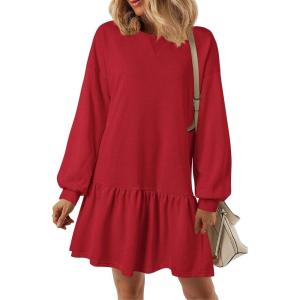 imagePRETTYGARDEN Womens Patchwork Sweatshirt Dress Spring Casual Long Sleeve Crewneck Pullover Cute Babydoll Mini DressesRed