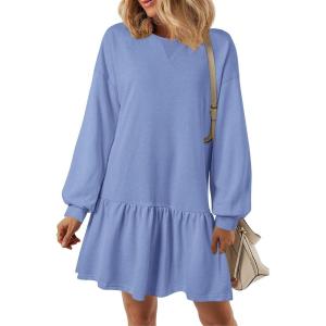 imagePRETTYGARDEN Womens Patchwork Sweatshirt Dress Spring Casual Long Sleeve Crewneck Pullover Cute Babydoll Mini DressesSky Blue
