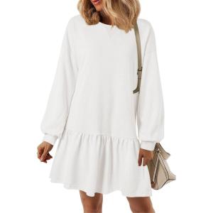 imagePRETTYGARDEN Womens Patchwork Sweatshirt Dress Spring Casual Long Sleeve Crewneck Pullover Cute Babydoll Mini DressesWhite