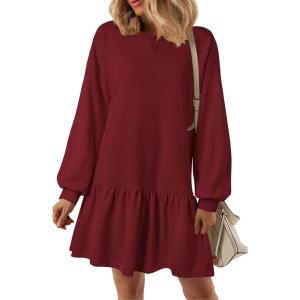 imagePRETTYGARDEN Womens Patchwork Sweatshirt Dress Spring Casual Long Sleeve Crewneck Pullover Cute Babydoll Mini DressesWine Red