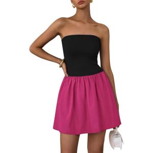 imagePRETTYGARDEN Womens Summer Strapless Mini Party Dress 2025 Casual Tube Top Ruffle A Line Short Patchwork SundressesBlack Rose Red