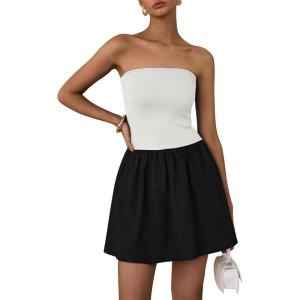 imagePRETTYGARDEN Womens Summer Strapless Mini Party Dress 2025 Casual Tube Top Ruffle A Line Short Patchwork SundressesWhite Black