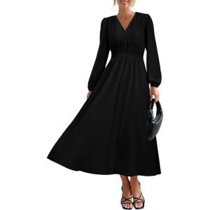 imagePRTTYGARDEN Womens Long Sleeve Maxi Dress 2025 Spring Trendy Elegant V Neck Flowy Wedding Guest Holiday Formal Long DressesBlack