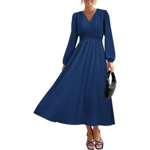 imagePRTTYGARDEN Womens Long Sleeve Maxi Dress 2025 Spring Trendy Elegant V Neck Flowy Wedding Guest Holiday Formal Long DressesDark Blue