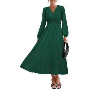 imagePRTTYGARDEN Womens Long Sleeve Maxi Dress 2025 Spring Trendy Elegant V Neck Flowy Wedding Guest Holiday Formal Long DressesDark Green