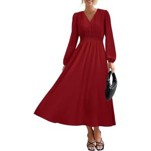 imagePRTTYGARDEN Womens Long Sleeve Maxi Dress 2025 Spring Trendy Elegant V Neck Flowy Wedding Guest Holiday Formal Long DressesJujube Red
