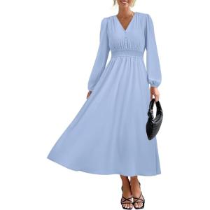 imagePRTTYGARDEN Womens Long Sleeve Maxi Dress 2025 Spring Trendy Elegant V Neck Flowy Wedding Guest Holiday Formal Long DressesLight Blue