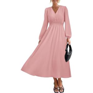 imagePRTTYGARDEN Womens Long Sleeve Maxi Dress 2025 Spring Trendy Elegant V Neck Flowy Wedding Guest Holiday Formal Long DressesPink