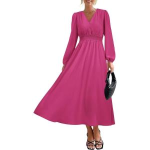 imagePRTTYGARDEN Womens Long Sleeve Maxi Dress 2025 Spring Trendy Elegant V Neck Flowy Wedding Guest Holiday Formal Long DressesRose Red