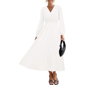imagePRTTYGARDEN Womens Long Sleeve Maxi Dress 2025 Spring Trendy Elegant V Neck Flowy Wedding Guest Holiday Formal Long DressesWhite