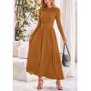 imagePRETTYGARDEN Womens 2025 Spring Casual Long Sleeve Maxi Dresses Crewneck Ruched A Line Flowy Elegant Modest Going Out DressBrown Yellow