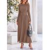 imagePRETTYGARDEN Womens 2025 Spring Casual Long Sleeve Maxi Dresses Crewneck Ruched A Line Flowy Elegant Modest Going Out DressKhaki