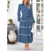imagePRETTYGARDEN Womens Casual Dresses Loose Belted Long Lantern Sleeve Tiered Button Down Maxi Shirt Dress with PocketsDark Blue